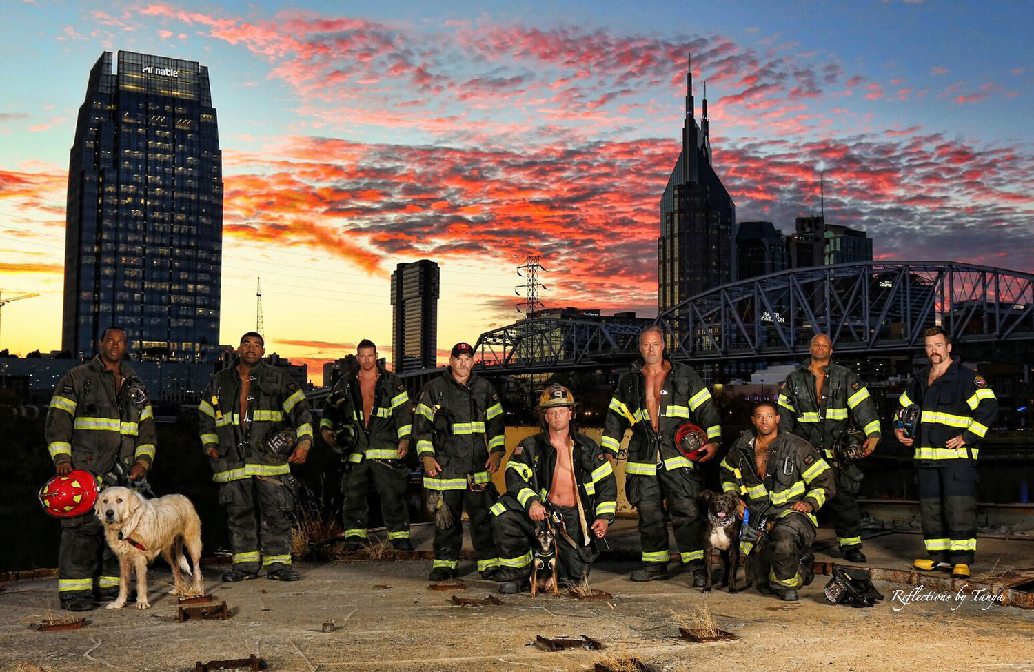 Group of firefighters with dogs in front of a city skyline at sunset.